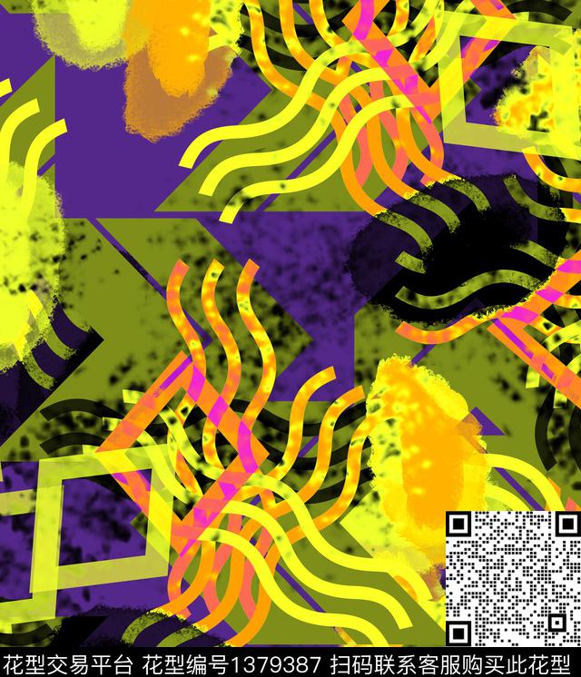 几何抽象混合拼接数码印花华亿平台下载（图片编号: 1379387） - 瓦栏（Walan）