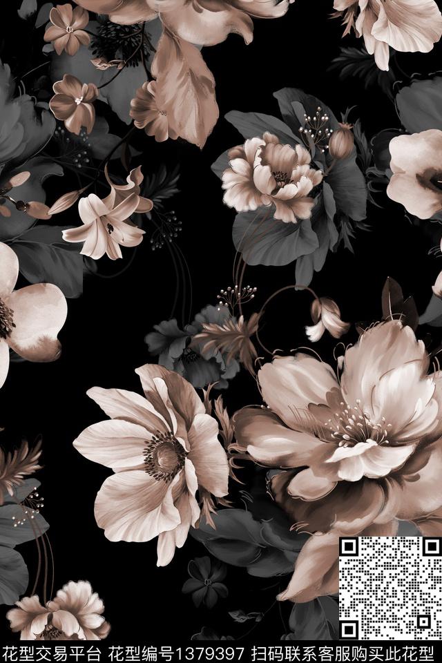 黑底花卉花卉大牌风数码印花华亿平台下载（图片编号: 1379397） - 瓦栏（Walan）