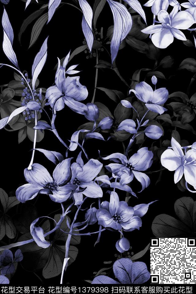 黑底花卉花卉大牌风数码印花华亿平台下载（图片编号: 1379398） - 瓦栏（Walan）