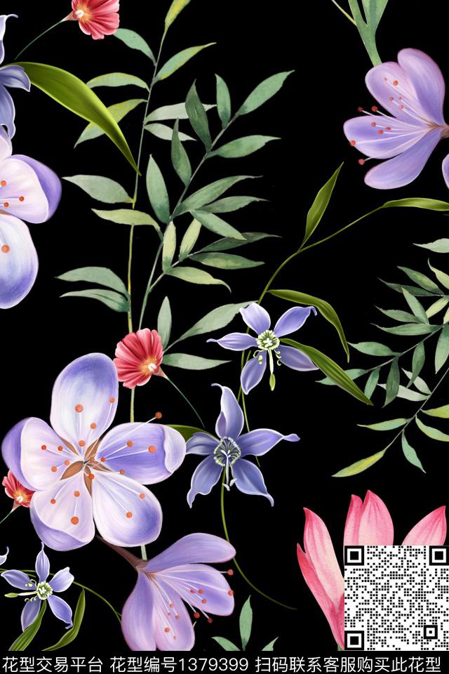黑底花卉花卉大牌风数码印花华亿平台下载（图片编号: 1379399） - 瓦栏（Walan）