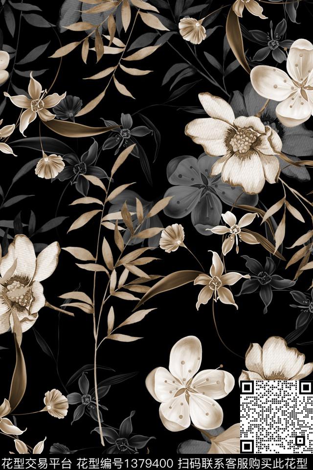 黑底花卉花卉大牌风数码印花华亿平台下载（图片编号: 1379400） - 瓦栏（Walan）