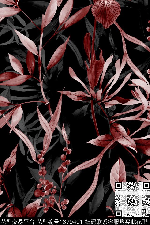 黑底花卉花卉大牌风数码印花华亿平台下载（图片编号: 1379401） - 瓦栏（Walan）