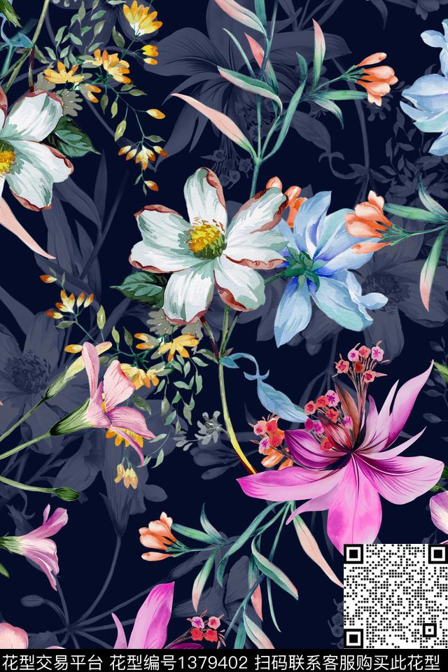 黑底花卉花卉大牌风数码印花华亿平台下载（图片编号: 1379402） - 瓦栏（Walan）