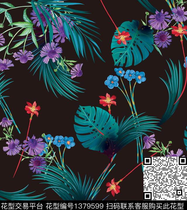 花卉满版散花热带华亿平台数码印花华亿平台下载（图片编号: 1379599） - 瓦栏（Walan）