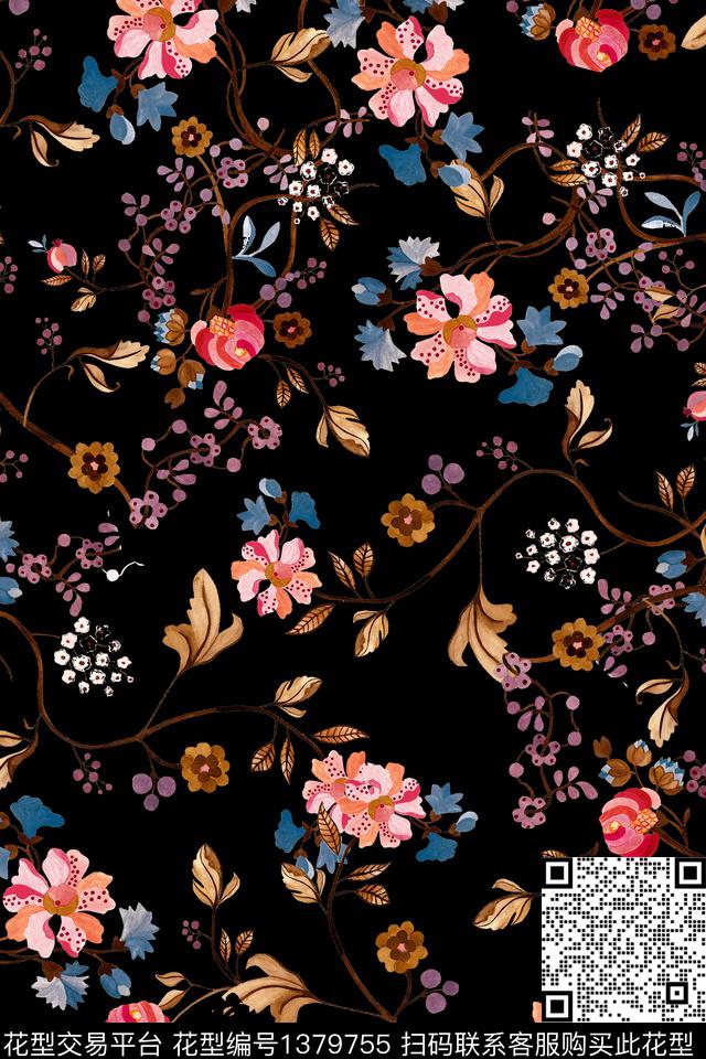 花卉大牌风香云纱传统印花华亿平台下载（图片编号: 1379755） - 瓦栏（Walan）