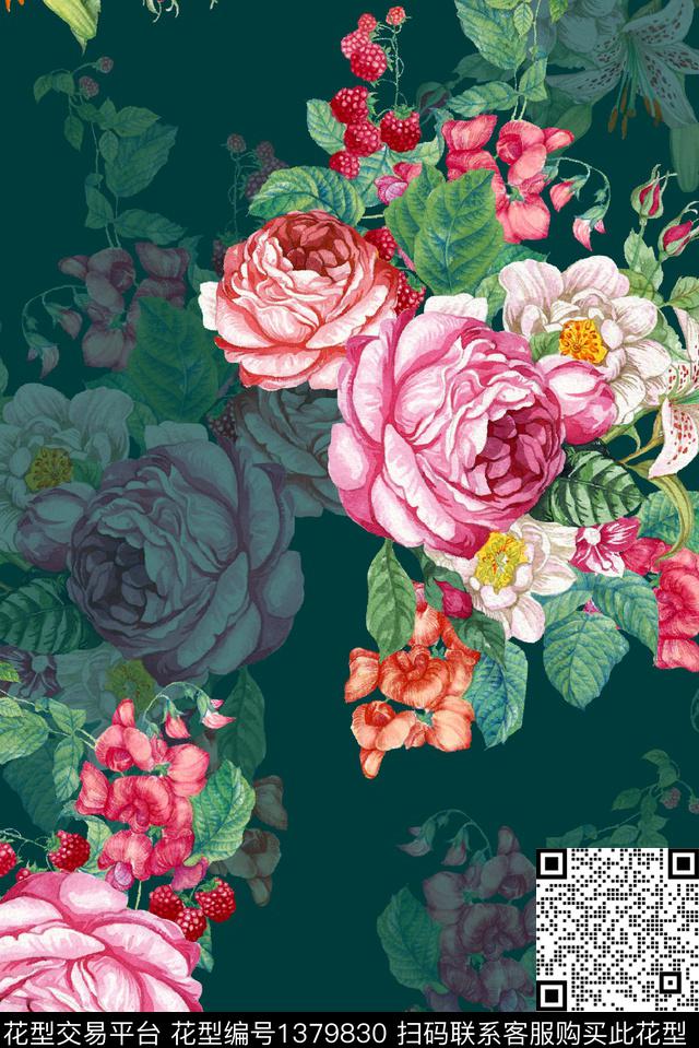 花卉大牌风手绘花卉数码印花华亿平台下载（图片编号: 1379830） - 瓦栏（Walan）