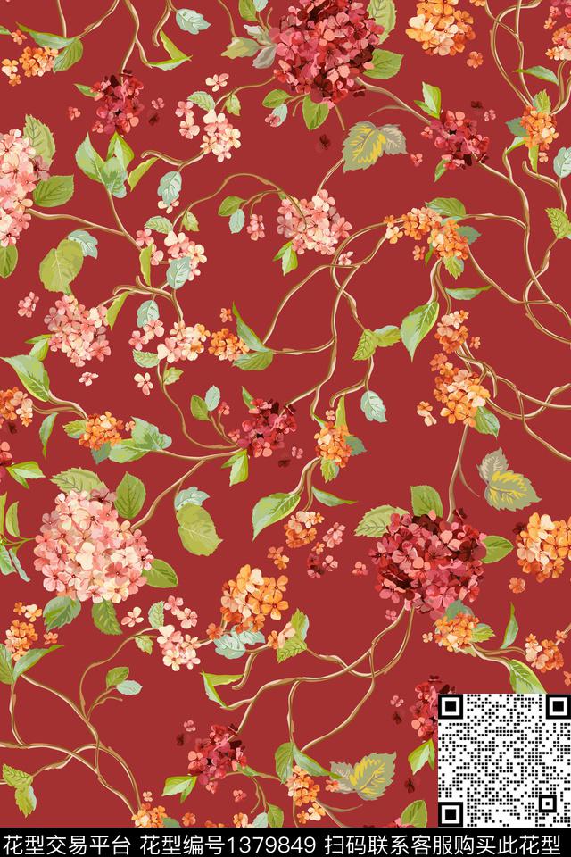 树枝花卉大牌风数码印花华亿平台下载（图片编号: 1379849） - 瓦栏（Walan）