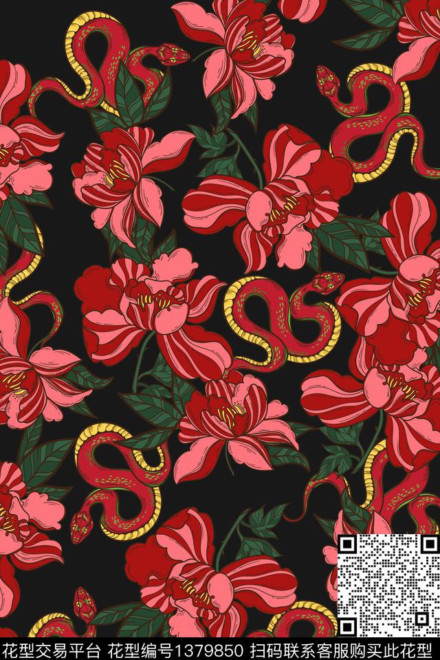 蛇绿植树叶花卉数码印花华亿平台下载（图片编号: 1379850） - 瓦栏（Walan）