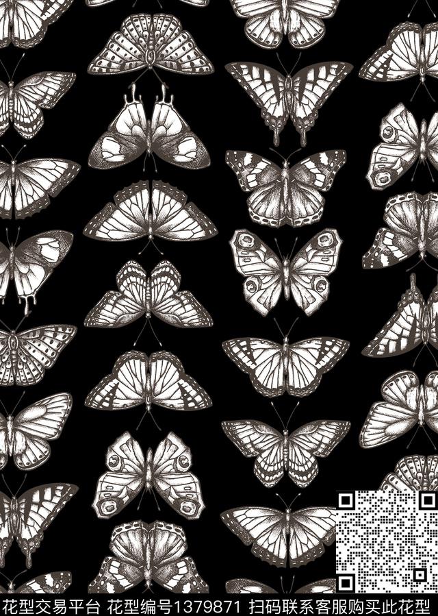 男装蝴蝶黑底花卉传统印花华亿平台下载（图片编号: 1379871） - 瓦栏（Walan）