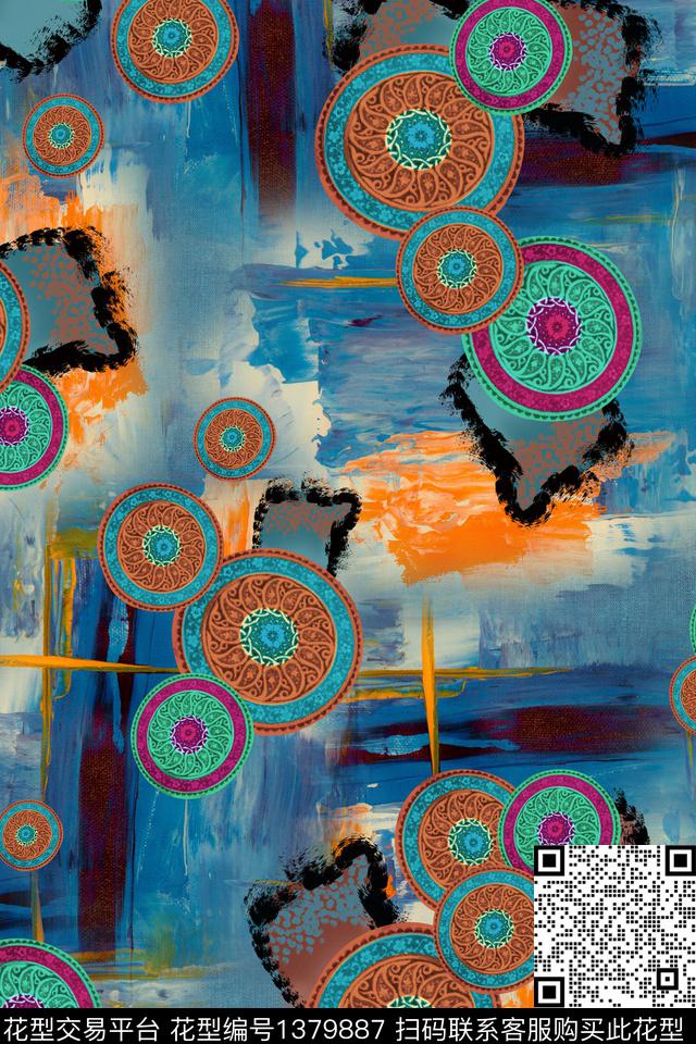 几何抽象棉麻数码印花华亿平台下载（图片编号: 1379887） - 瓦栏（Walan）