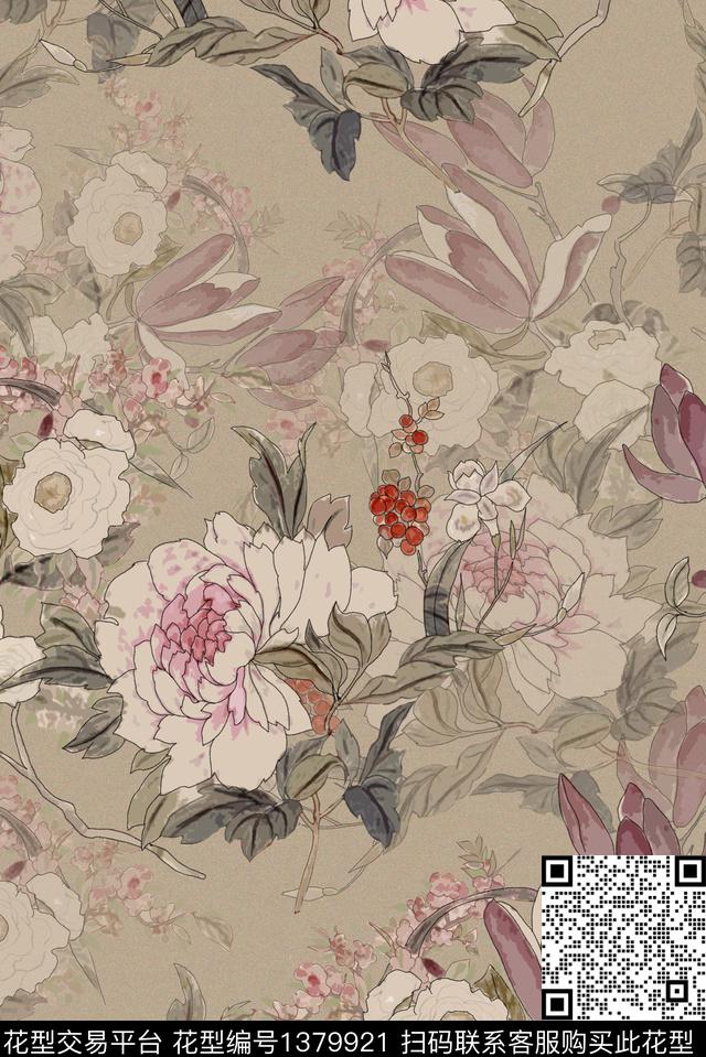 抽象花卉复古真丝数码印花华亿平台下载（图片编号: 1379921） - 瓦栏（Walan）