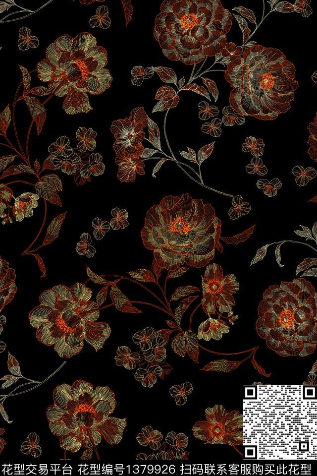 线条花卉大牌风数码印花华亿平台下载（图片编号: 1379926） - 瓦栏（Walan）
