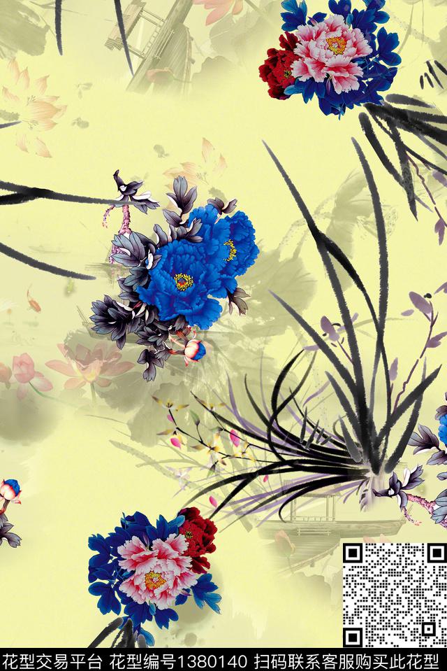 月季花植物中国风花卉数码印花华亿平台下载（图片编号: 1380140） - 瓦栏（Walan）