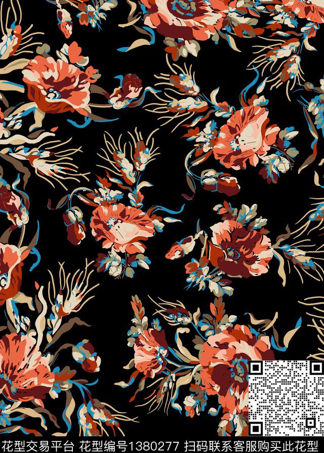 花卉大牌风香云纱数码印花华亿平台下载（图片编号: 1380277） - 瓦栏（Walan）