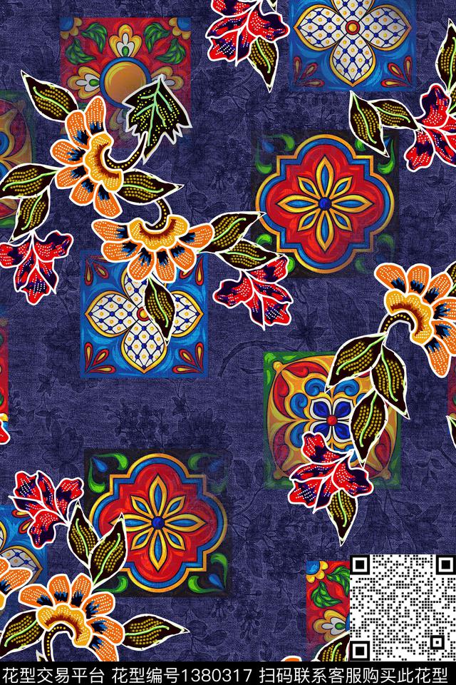 几何民族风花卉数码印花华亿平台下载（图片编号: 1380317） - 瓦栏（Walan）