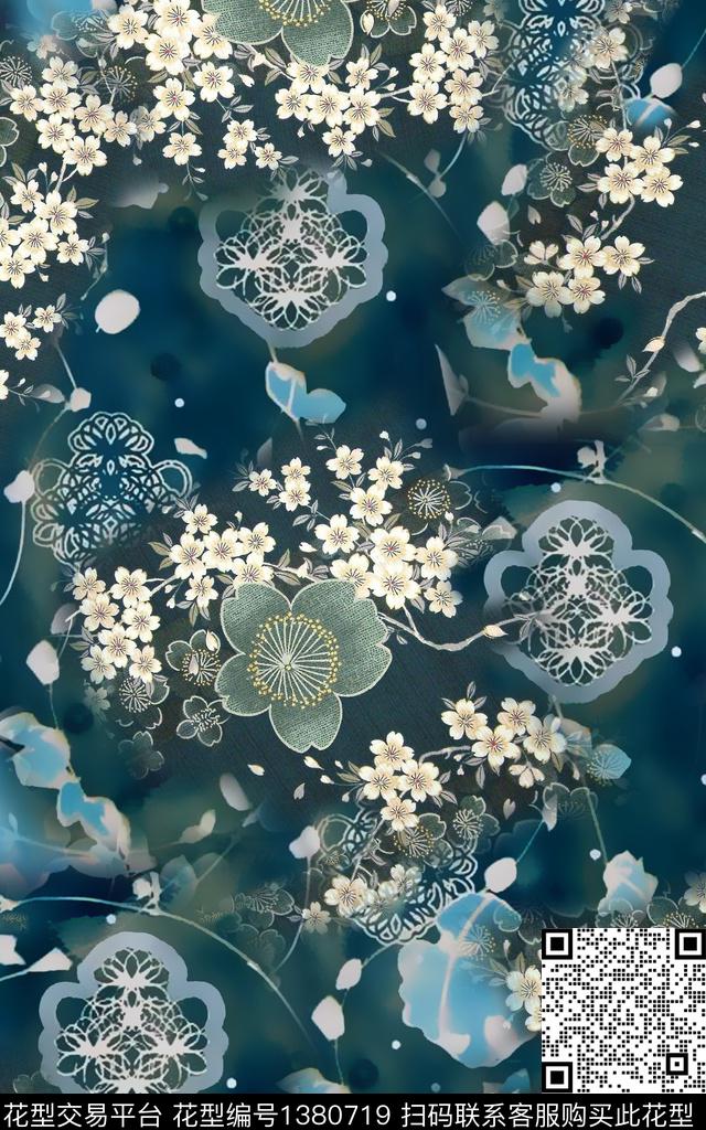 彩底花卉花纹中国风数码印花华亿平台下载（图片编号: 1380719） - 瓦栏（Walan）