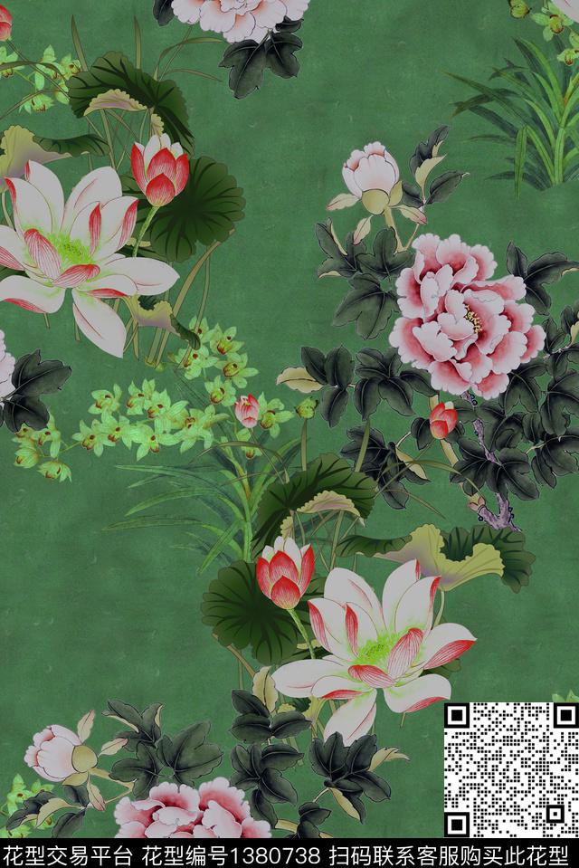 荷花国画花中国风数码印花华亿平台下载（图片编号: 1380738） - 瓦栏（Walan）