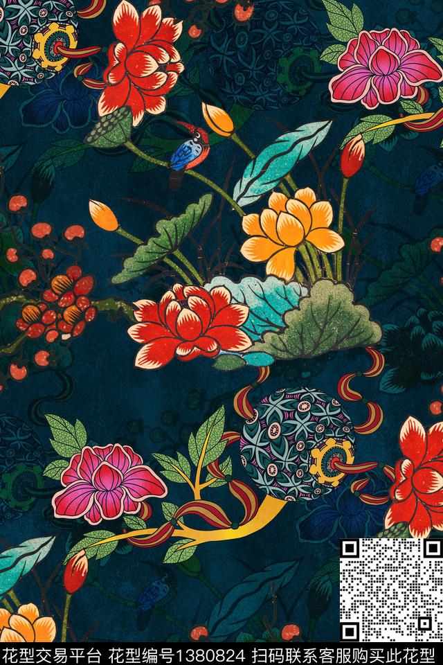 荷花花卉旗袍数码印花华亿平台下载（图片编号: 1380824） - 瓦栏（Walan）