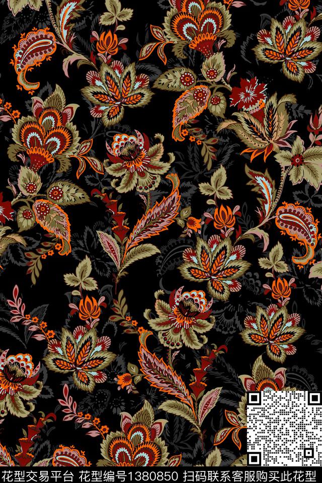 民族风复古花卉数码印花华亿平台下载（图片编号: 1380850） - 瓦栏（Walan）