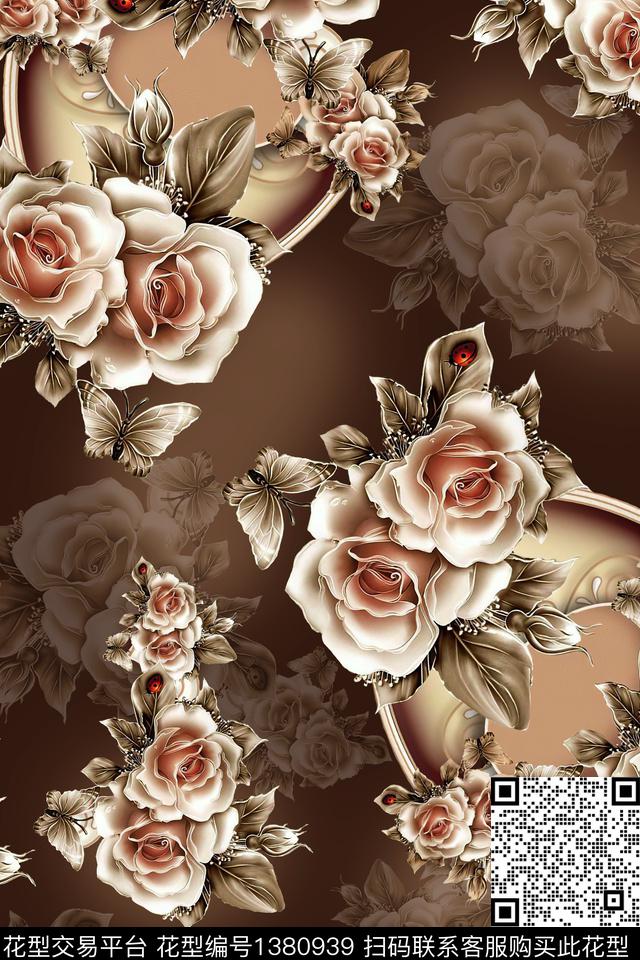 绿植树叶大花玫瑰花数码印花华亿平台下载（图片编号: 1380939） - 瓦栏（Walan）