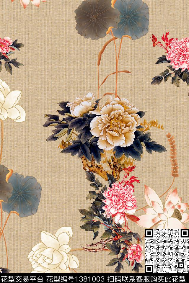 荷花月季花中国风花卉数码印花华亿平台下载（图片编号: 1381003） - 瓦栏（Walan）