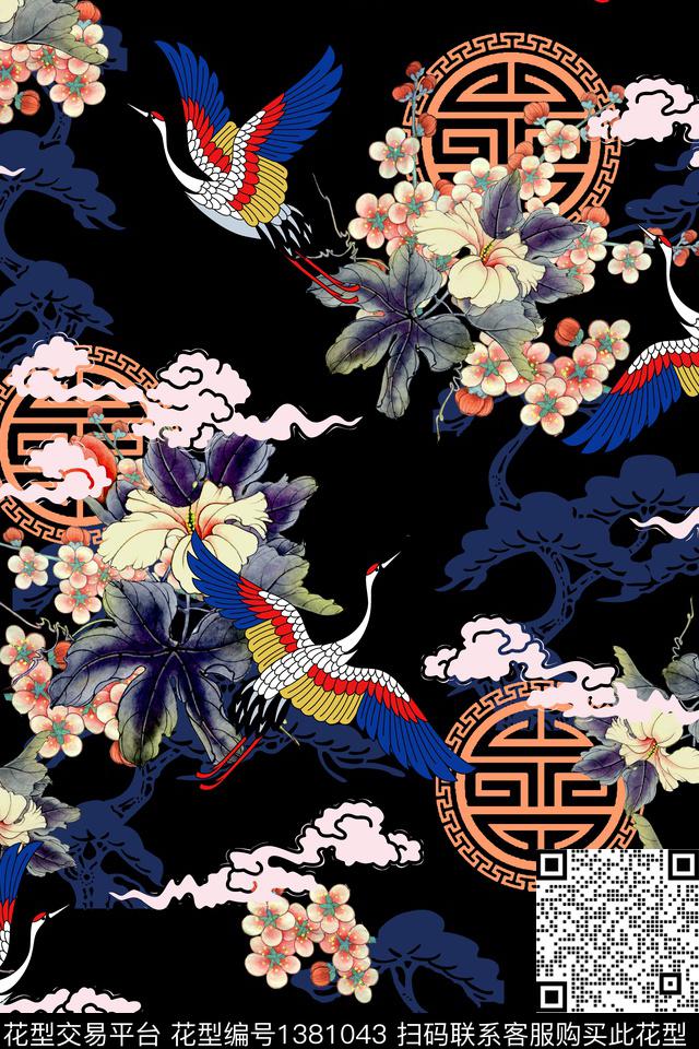 仙鹤中国风树数码印花华亿平台下载（图片编号: 1381043） - 瓦栏（Walan）