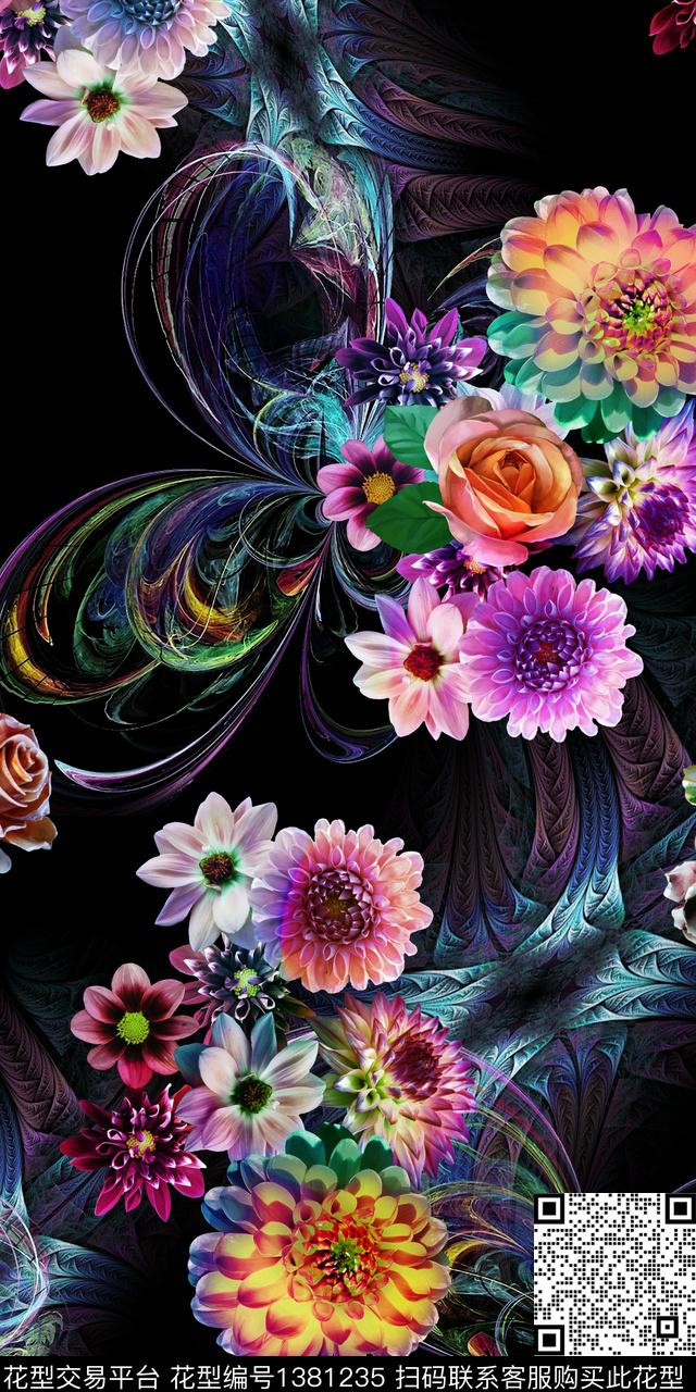 几何分形花卉数码印花华亿平台下载（图片编号: 1381235） - 瓦栏（Walan）