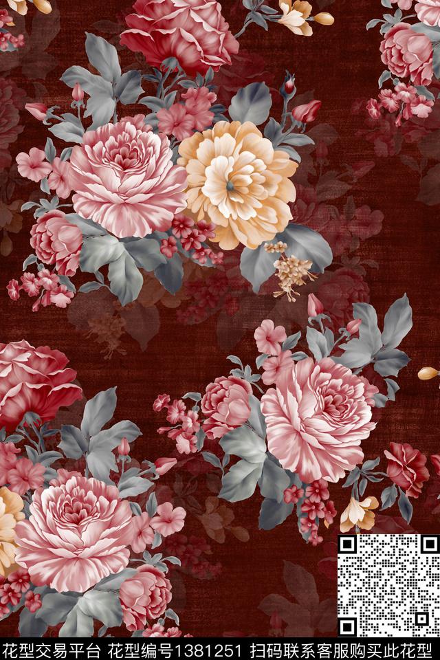 时尚花卉真丝数码印花华亿平台下载（图片编号: 1381251） - 瓦栏（Walan）