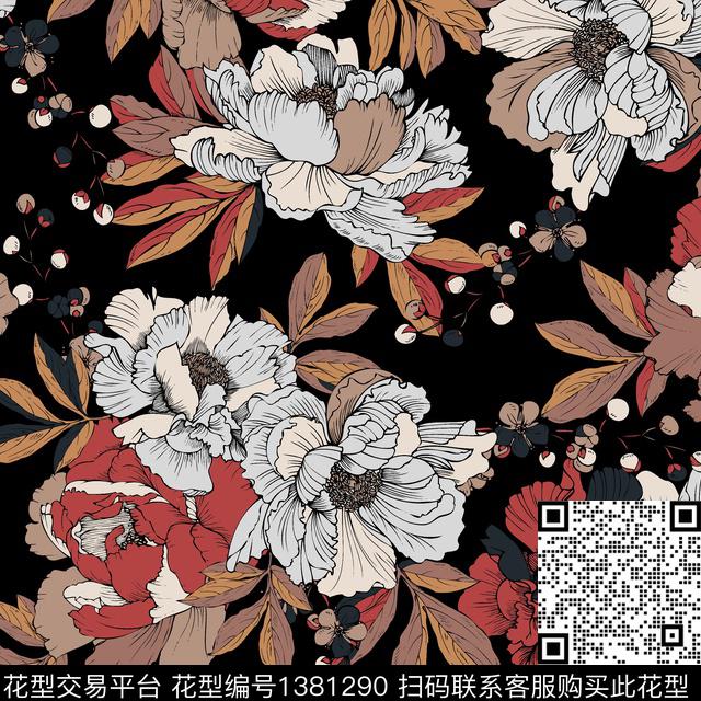 民族花卉复古花卉传统印花华亿平台下载（图片编号: 1381290） - 瓦栏（Walan）