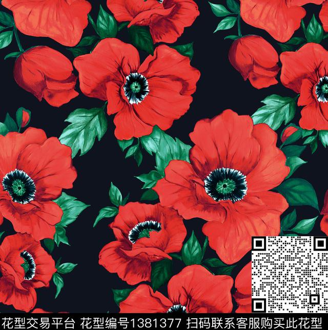 虞美人手绘大花大牌走秀数码印花华亿平台下载（图片编号: 1381377） - 瓦栏（Walan）