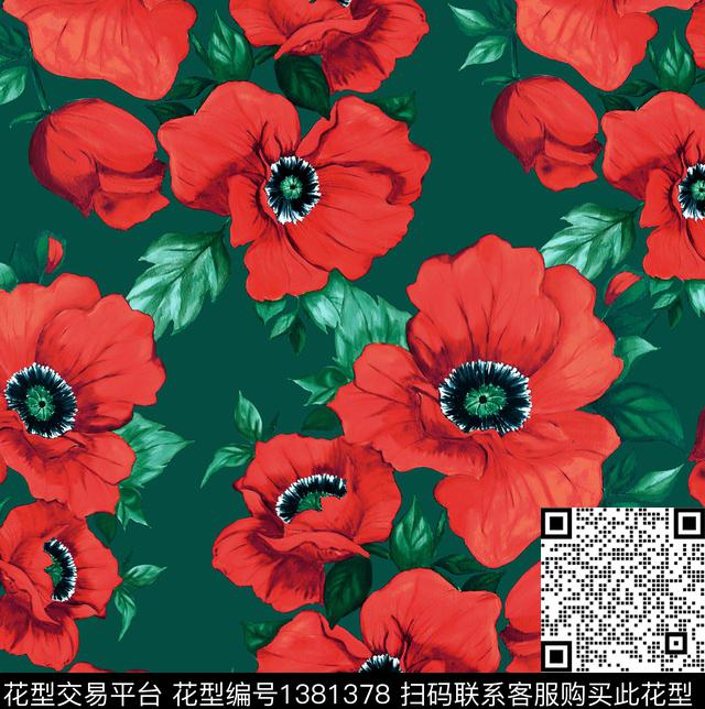 虞美人手绘大花大牌走秀数码印花华亿平台下载（图片编号: 1381378） - 瓦栏（Walan）