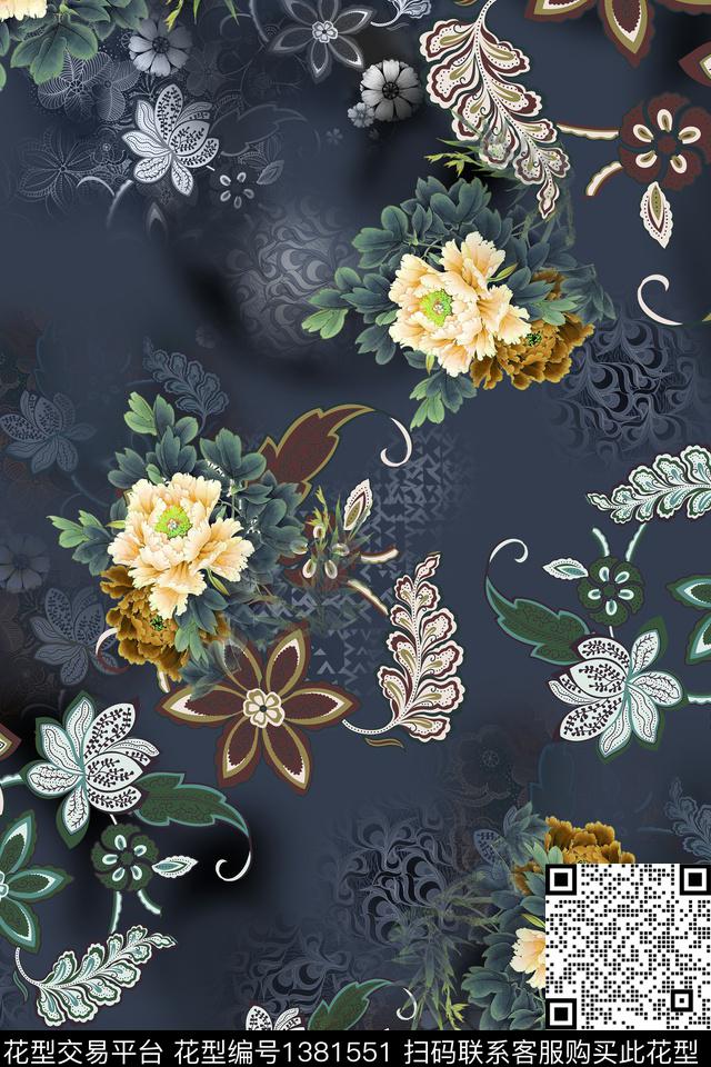 花卉旗袍中国风数码印花华亿平台下载（图片编号: 1381551） - 瓦栏（Walan）