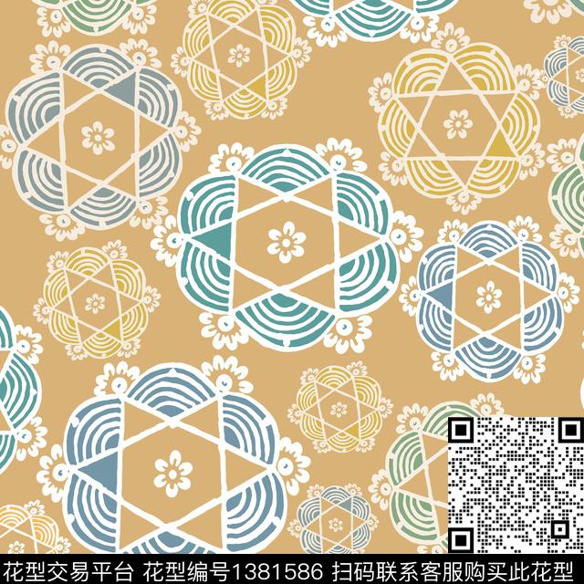 几何抽象曼荼罗传统印花华亿平台下载（图片编号: 1381586） - 瓦栏（Walan）