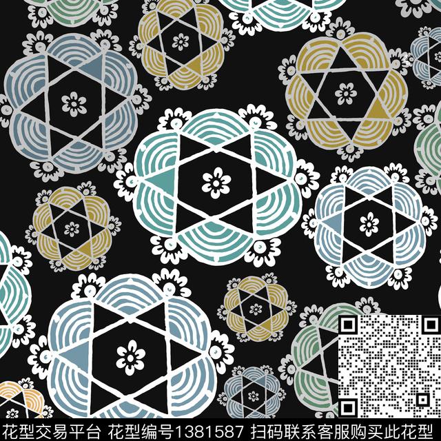 几何抽象曼荼罗传统印花华亿平台下载（图片编号: 1381587） - 瓦栏（Walan）