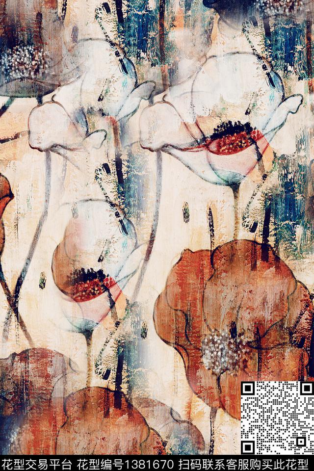 花卉大牌风抽象数码印花华亿平台下载（图片编号: 1381670） - 瓦栏（Walan）