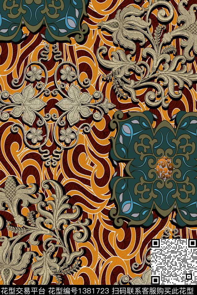 民族风真丝复古旗袍花数码印花华亿平台下载（图片编号: 1381723） - 瓦栏（Walan）