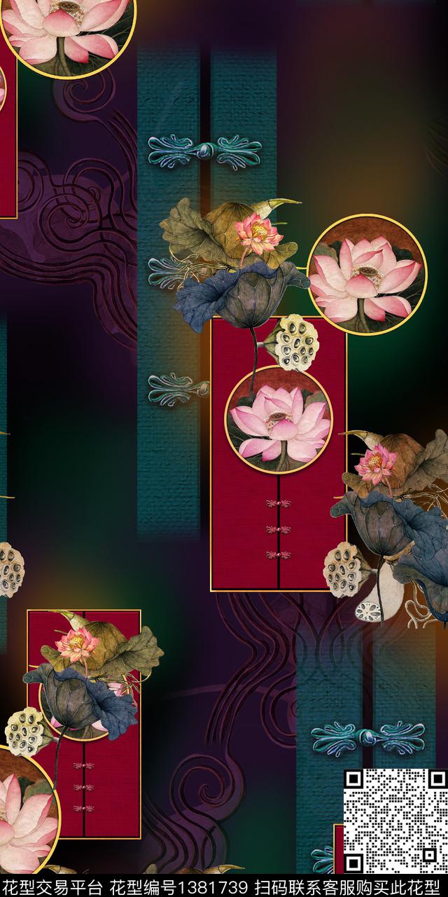 荷花花卉香云纱数码印花华亿平台下载（图片编号: 1381739） - 瓦栏（Walan）