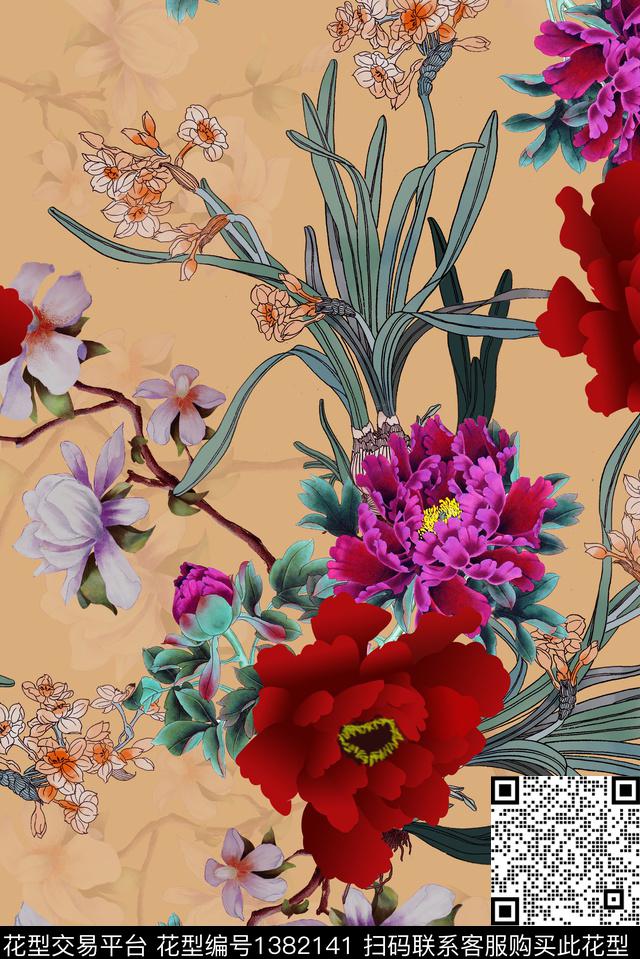 兰花大花中国风花卉数码印花华亿平台下载（图片编号: 1382141） - 瓦栏（Walan）