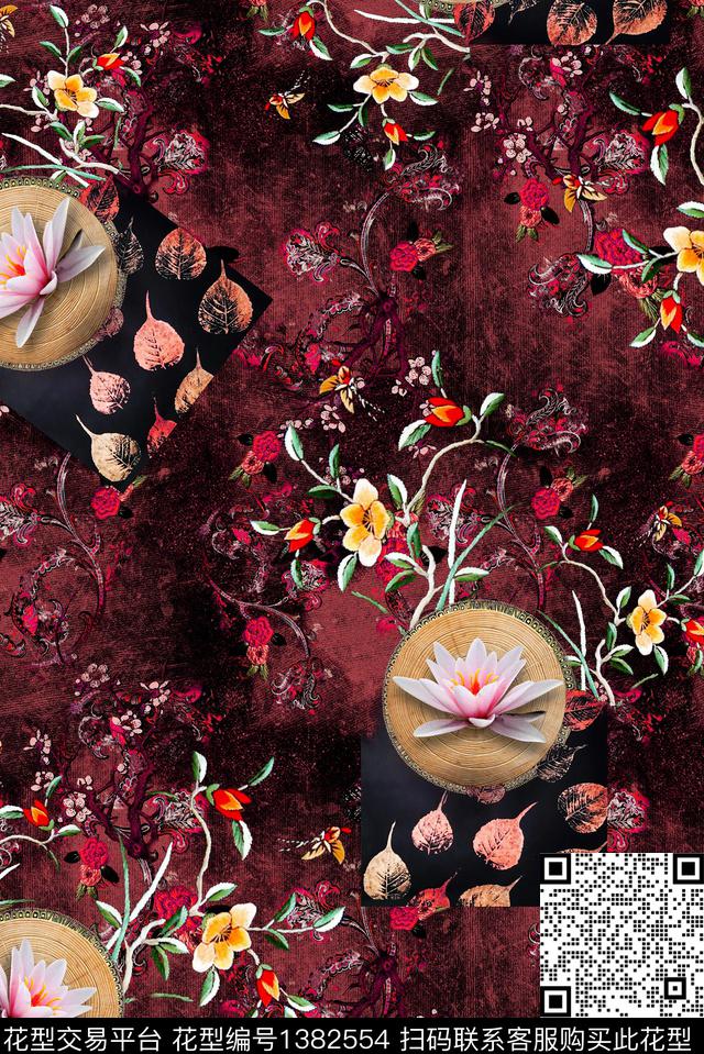 荷花水墨风花卉数码印花华亿平台下载（图片编号: 1382554） - 瓦栏（Walan）