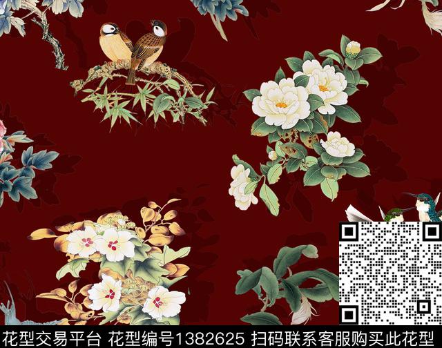 文艺喜鹊花鸟数码印花华亿平台下载（图片编号: 1382625） - 瓦栏（Walan）