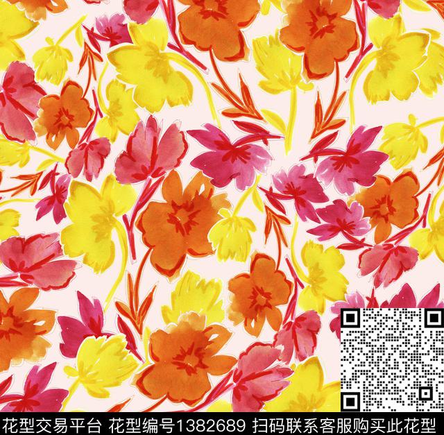 彩底花卉女装花卉数码印花华亿平台下载（图片编号: 1382689） - 瓦栏（Walan）