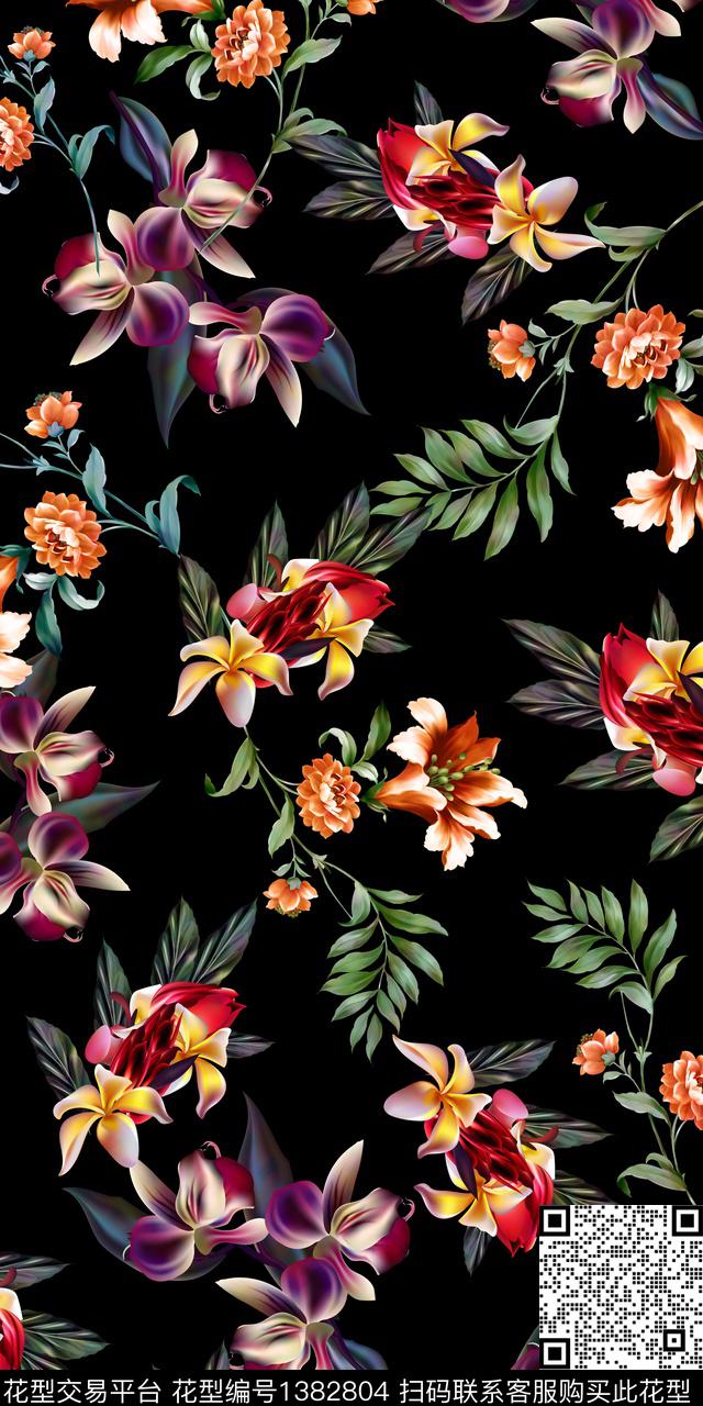 黑底花卉花卉雕印华亿平台数码印花华亿平台下载（图片编号: 1382804） - 瓦栏（Walan）