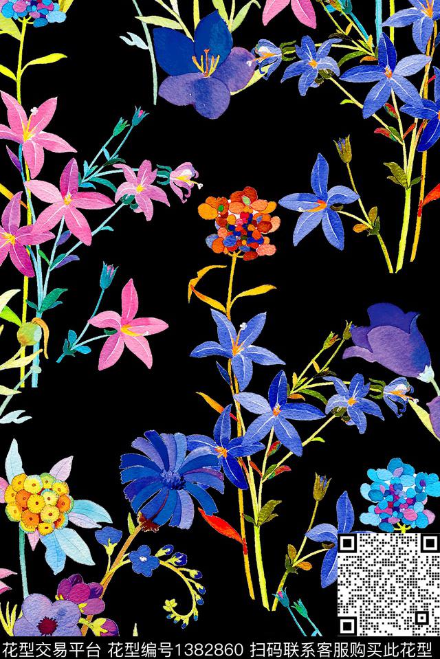 水彩花卉大牌风数码印花华亿平台下载（图片编号: 1382860） - 瓦栏（Walan）