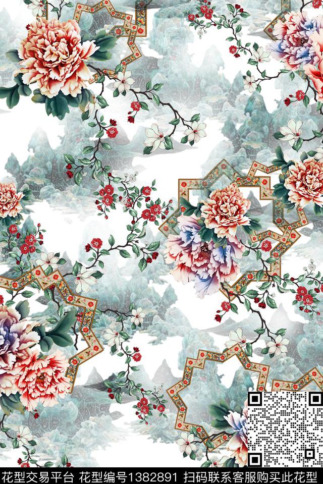 几何花卉女装中国风数码印花华亿平台下载（图片编号: 1382891） - 瓦栏（Walan）