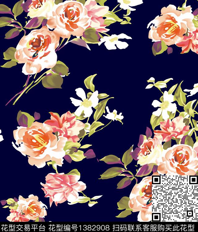 手绘玫瑰手绘花卉数码印花华亿平台下载（图片编号: 1382908） - 瓦栏（Walan）
