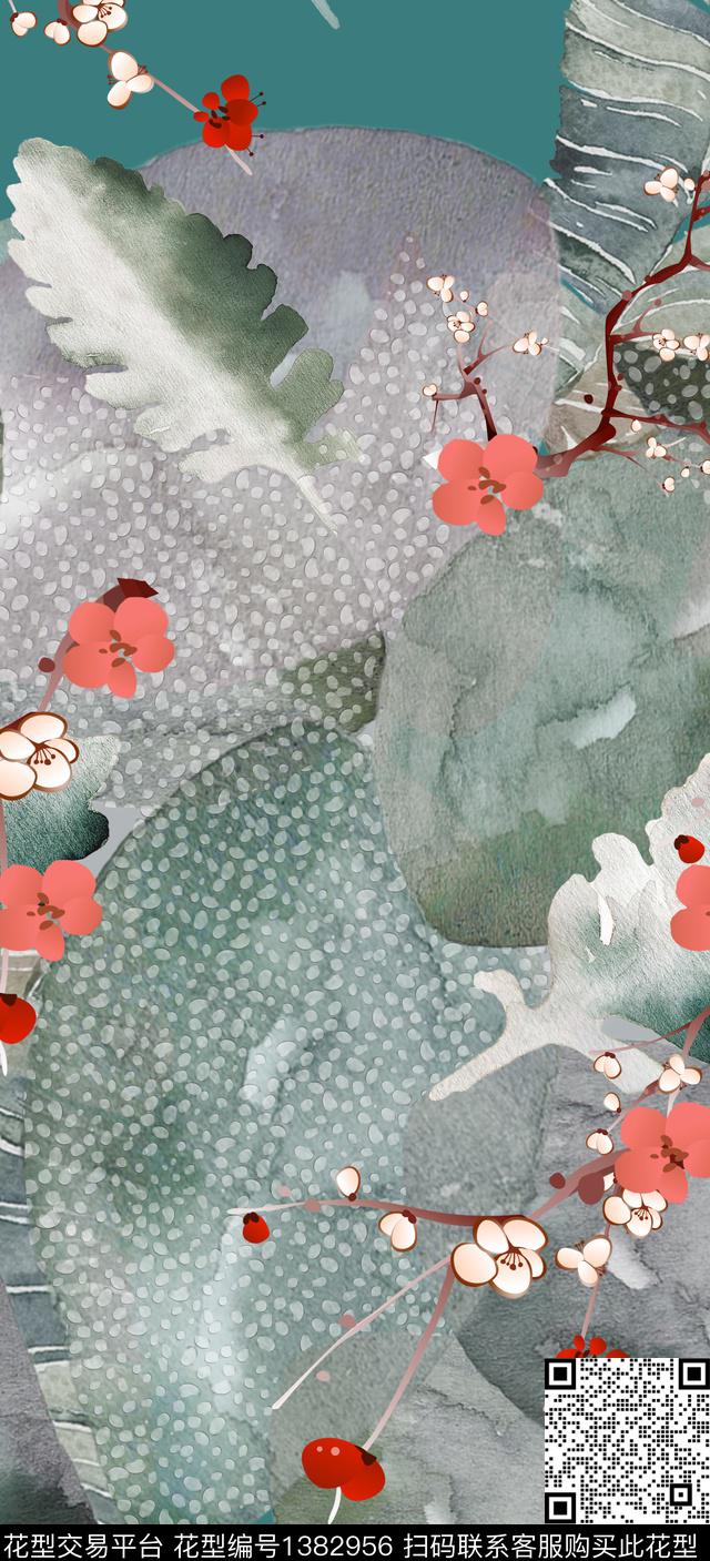 几何绿植树叶花卉数码印花华亿平台下载（图片编号: 1382956） - 瓦栏（Walan）