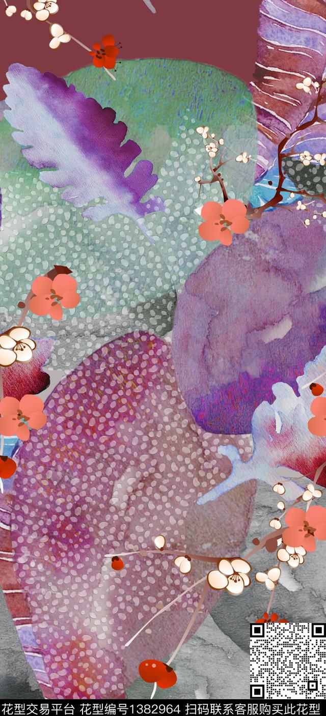 几何绿植树叶花卉数码印花华亿平台下载（图片编号: 1382964） - 瓦栏（Walan）