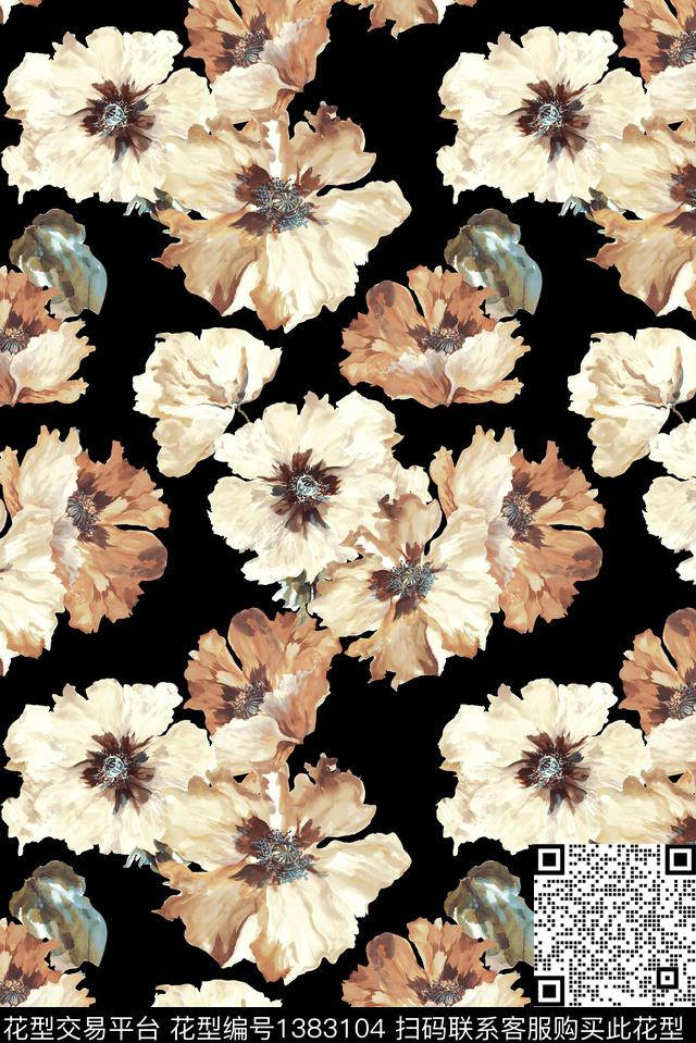 花卉大牌风手绘花卉数码印花华亿平台下载（图片编号: 1383104） - 瓦栏（Walan）