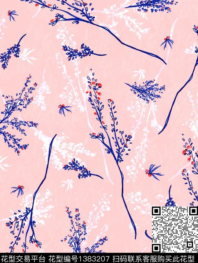 树枝手绘粉嫩数码印花华亿平台下载（图片编号: 1383207） - 瓦栏（Walan）