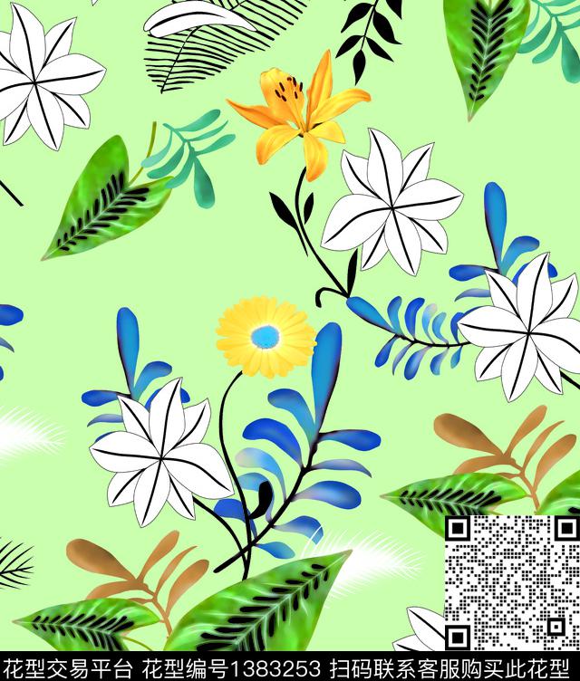 彩底花卉绿植树叶大牌风数码印花华亿平台下载（图片编号: 1383253） - 瓦栏（Walan）